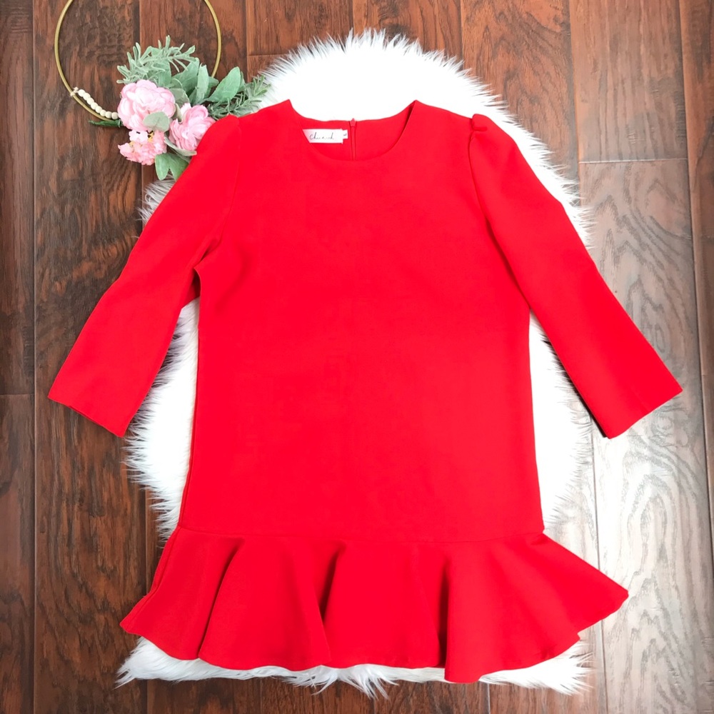 Chicwish Red Long Sleeve Ruffle Hem Mini Dress